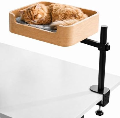 3-in-1 Cat Desk Bed, Cat Window Hammock & Elevated Floor Bed – Wooden Window Perch & Seat, American Oak Finish, 2 Plush Mats, Holds 28 lbs