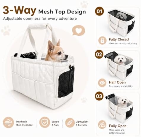 Dog Purse Carrier for Small Dogs, Small Cat Purse Carrier Soft with Large Pocket, Portable Pet Carrier Tote Bag with Safe Leash (White)