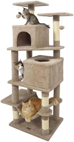 DORTALA 57" Tall Cat Tree, Multi-Level Cat Tower with 2 Large Condos, Sisal Scratching Posts, Top Perch, Hammock, Pet Play House Climbing Furniture for Indoor Adult Cats & Kittens (Coffee)