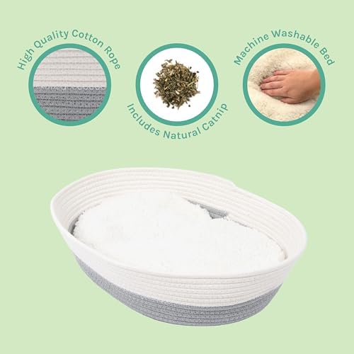 Kitty City Woven Cat Bed with Removable Washable Cushion, Cozy Braided Rope Indoor Cat Bed with Natural Catnip, Warm Round Cat Bed for Small to Medium Cats, 14” x 19" - White/Grey