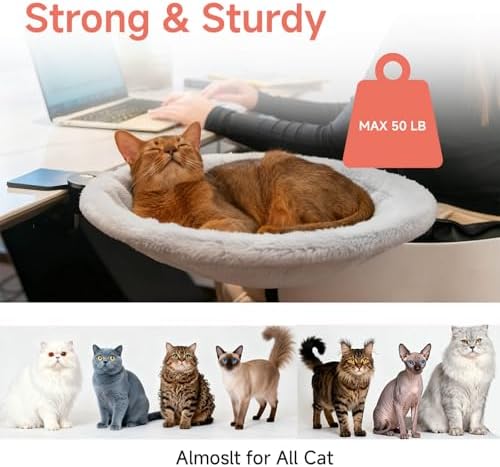 Round Cat Desk Bed, Space-Saving Elevated Pet Hammock for 40lbs Cats & Kittens, All-Season Office Workspace Cat Bed, Sturdy Desk-Mounted Seat with Washable Breathable Fabric, 360 View