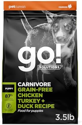 Go! Solutions Carnivore Chicken, Turkey + Duck Grain-Free Dry Puppy Food, Our Highest-Protein Kibble Made with Real Meat & Fish, Pumpkin & Probiotics for Good Digestion, 3.5 lb Bag