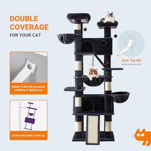 Allewie 81 Inches Tall Cat Tree/Multi-Level Large Climbing Tree House and Towers for Big Feline/Condo and Hammock/Scratching Post/Wide Base/Dark Grey