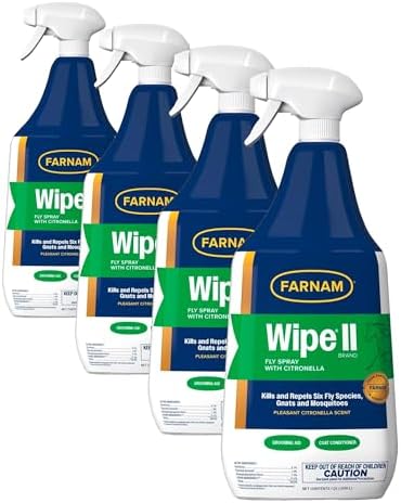 Farnam Wipe II Horse Fly Spray with Citronella, Grooming Aid and Coat Conditioner, 32 Fluid Ounces, One Quart Bottle with Trigger Sprayer (Pack of 4)