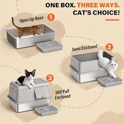 Extra Large Enclosed Stainless Steel Litter Box with Lid，Side Entry Top Exit High Sided Metal Cat Litter Pan，Non-Stick Easy Cleaning Anti-Urine Leakage for Big Cats，Includes Scoop & Step, Grey
