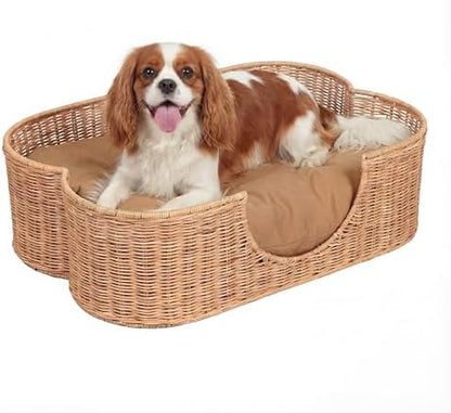 DBD1002B Scallop Handwoven Water Hyacinth Pet Bed with Machine Washable Cushion, 27" x 18.25" Wicker Cat and Dog Bed for Small to Medium Pets, Boho Tropical Style Basket, Light Brown