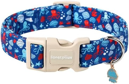 Lionet Paws Summer Blue Dog Collar- Cute Sea Shell Dog Collars with Plastic Buckle and Octopus Pendant, Light Adjustable Dog Collars for Small Medium Dogs