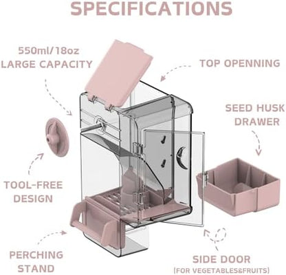 Automatic Bird Feeder, No Mess Bird Cage Feeder with Perch Multi-Functional Holder for Fruits Vegetables for Parakeet Canary Cockatiel Finch (Pink)
