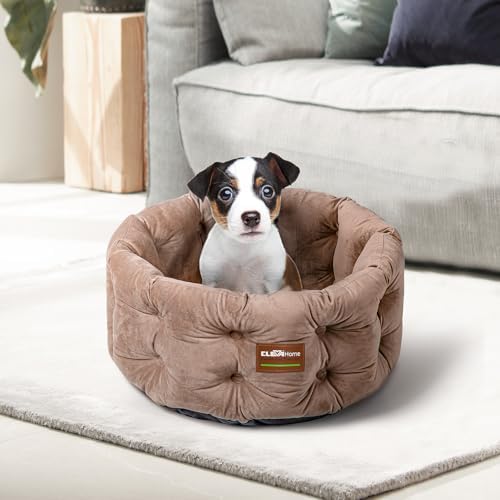 ClevaHome Deep Nest Cat Beds for Indoor Cats, Washable Round Cat Bed, Cute Kitten Bed with Anti-Slip Bottom for Kitty and Puppy, 20inches, Warm Beige