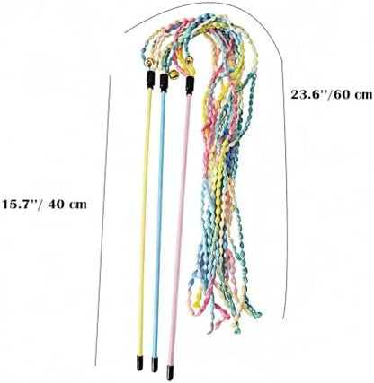 Cat Wands for Indoor, 3 PCS Vibrant Teasing Stick with Bell Interactive Cat Toys Cute Kitten Wand Safe Kitty Toy