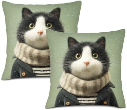 InkRain Winter Animal Cute Tuxedo Cat Pillow Cover 18x18 Inch Set of 2 Home Decor Decorative Cotton Linen Illustration Pillowcases for Living Room House Sofa