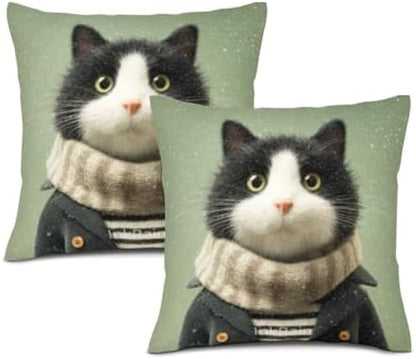 InkRain Winter Animal Cute Tuxedo Cat Pillow Cover 18x18 Inch Set of 2 Home Decor Decorative Cotton Linen Illustration Pillowcases for Living Room House Sofa