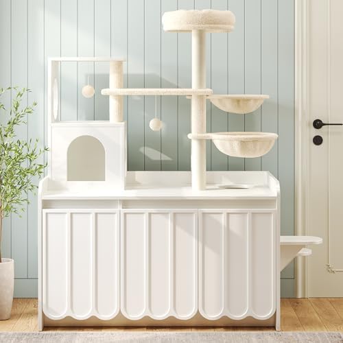 Cat Tree with Litter Box Enclosure, 50.6" Cat Tower & Condo, White