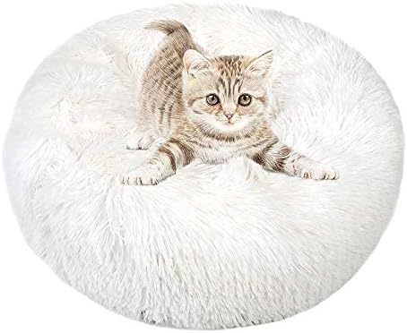 otoez Kitten Puppy Bed Extra Small XS Round Dog Cat Beds Anti Anxiety Plush Pet Calming Donut Bed with Non-Slip Waterproof Bottom, Washable (15.7", White)