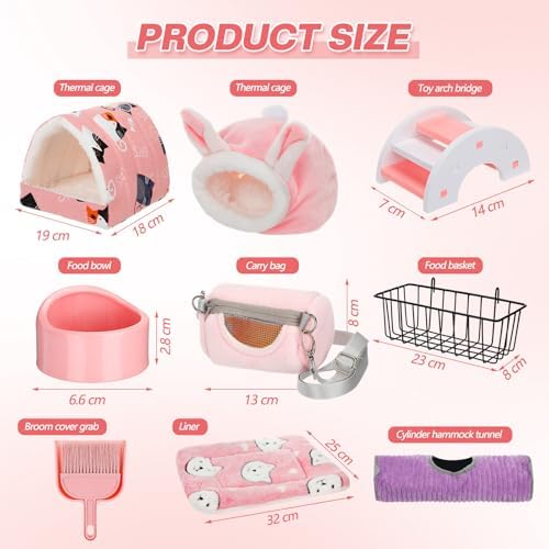 Teenyyou 24 Pcs Small Guinea Pig Starter Kit Essentials for Hamster Cage Accessories Toys House Bed Cage Cleaner Food Bowl Water Holder Carrier Bag Teething Toys Liner Tunnel for Beginner(Pink)