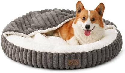Dog Bed with Hooded Blanket, Round Fluffy Anti-Anxiety Pet Bed for Small Dogs & Medium Dogs, Cozy Donut Cuddler with Machine Washable Faux Fur & Anti-Slip Bottom(26"×26"×7",Grey)