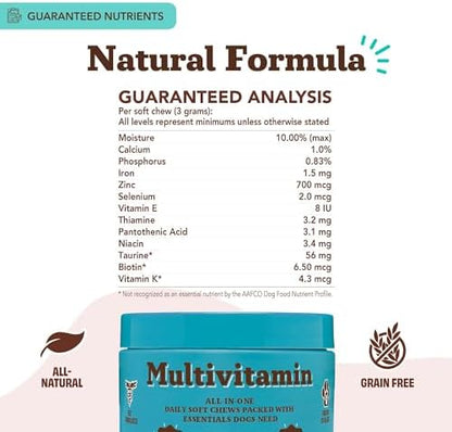 Natural Dog Company 25-in-1 Multivitamin for Dogs – Vet-Formulated Soft Chews for Puppies, Adults & Seniors, Supports Joints, Skin, Coat, Immune & Heart Health, NASC Certified, 180 Count
