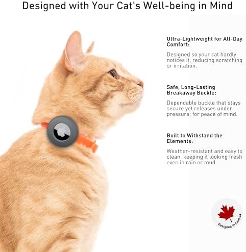 Airtag Silicone Cat Collar - Soft, Comfortable, and Lightweight Breakaway Collar with Air Tag GPS Tracker Holder for Outdoor Cats and Sensitive Skin Kittens by Nuvuq (6 ⅞" to 10 ¼", Orange)