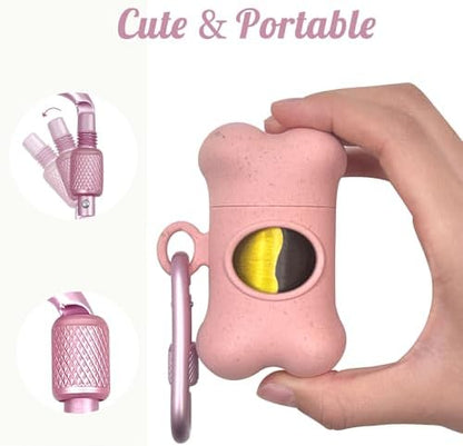 Bone-Shaped Dog Poop Bag Holder for Leash |Dispenser with 15 Leak-Resistant Waste Bags & Carabiner Clip(Pink)
