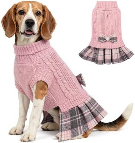 YUDODO Small Dog Sweater Dress with Bowtie Turtleneck - Knitted Pet Clothes
