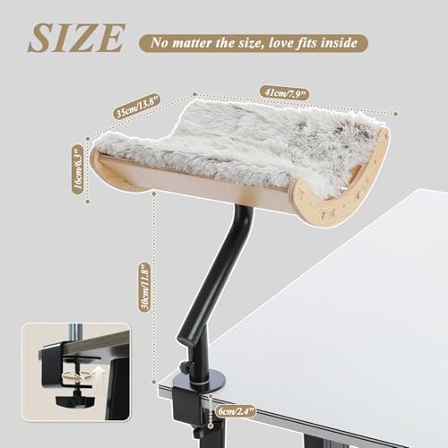 PEQULTI Desk Cat Bed, 360° Rotating Clamp-On Cat Hammock, Wood, Beige