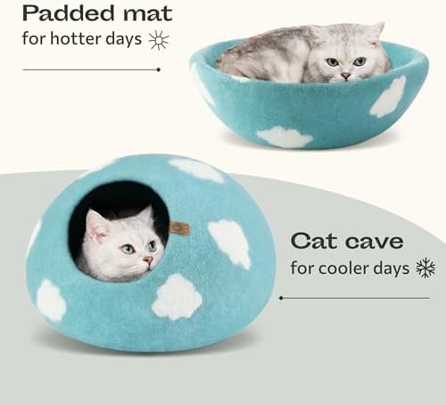 MEOWFIA Cat Cave - Merino Wool Bed for Indoor Cats (Cloud Nap Blue, Large)