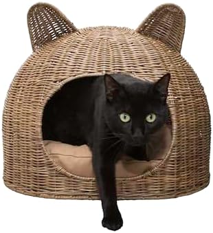 CBD1000A Cat Ear 20" x 14.5" Coastal Handwoven Rattan Cat Bed with Machine-Washable Cushion, Natural