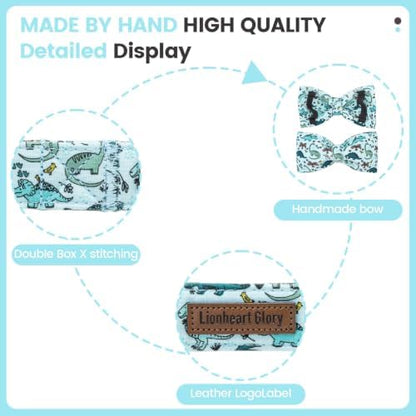 Lionheart glory Dog Collar with Bow Tie, Cute Blue Dinosaur Print Dog Collar, Sturdy Adjustable Summer Pet Collars for X-Large Dogs Male/Female Puppy