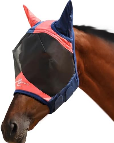 Harrison Howard Pro Luminous Horse Fly Mask Standard with Ears UV Protection for Horse Coral Orange/Navy M