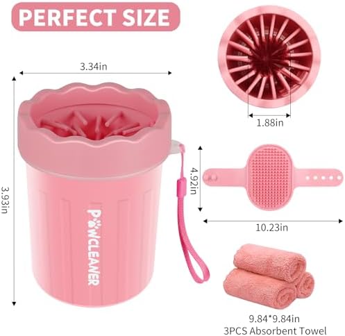 Professional 7 in 1 Dog Paw Cleaner for Dogs & Cats - Includes 1 Portable Paw Washer, 1 Bath Brush, 2 Dog Toothbrushes and 3 Absorbent Towels Note: Fits Paws up to 2 Inches Wide (Small, Light Pink)