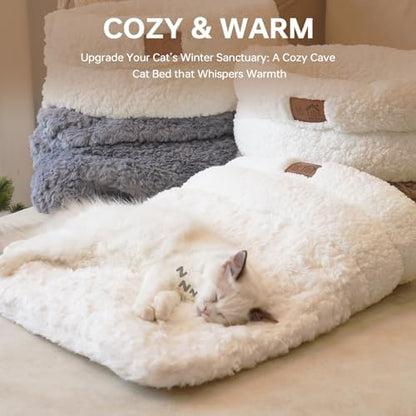 Self Warming Cat Cave Bed Double-Layer Faux Fur Sleeping Bag White