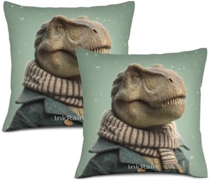 InkRain Winter Animal Cute Tyrannosaurus Rex Pillow Cover 24x24 Inch Set of 2 Home Decor Decorative Cotton Linen Illustration Pillowcases for Living Room House Sofa