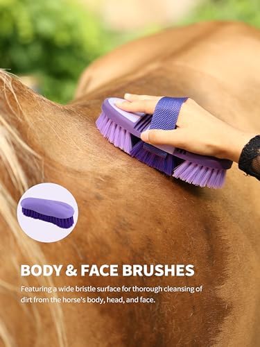 Harrison Howard Horse Grooming Kit 9 Piece with Tote Bag, Non-Slip Horse Brush Set for Shedding, Bathing, Hoof Care, Mane & Tail Grooming, Equine Grooming Supplies Purple