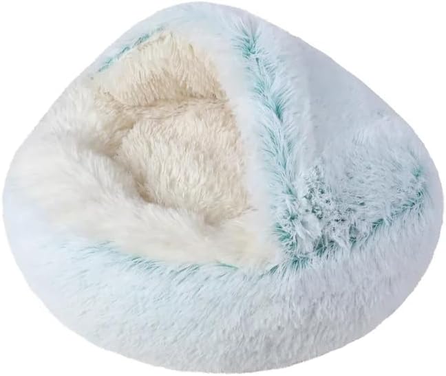 Round Fluffy Hooded Cat Bed Cave, Anti-Anxiety Cave Bed with Blanket
