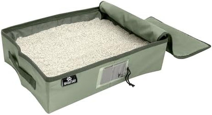 SportPet Designs Portable Travel Litter Box for Cats, Large Collapsible with Zippered Lid, Water-Resistant & Leak-Resistant Cat Litter Tray for Travel, Green