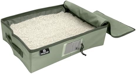 SportPet Designs Portable Travel Litter Box for Cats, Large Collapsible with Zippered Lid, Water-Resistant & Leak-Resistant Cat Litter Tray for Travel, Green