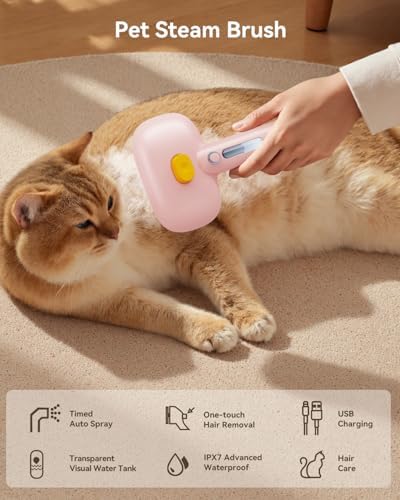 ROJECO 3-in-1 Pet Steam Brush,Spray Hair Removal Detangling Comb,Pink
