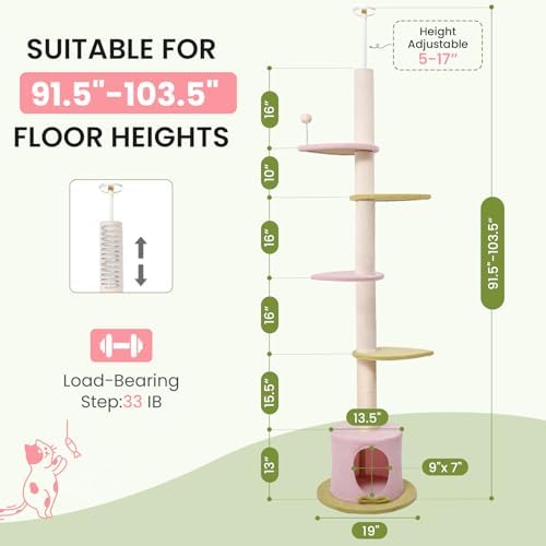 Max & Marlow 95-108" Floor to Ceiling Adjustable Cat Tree, Pink