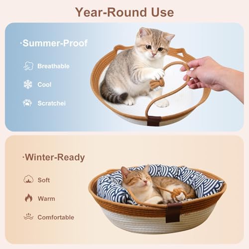 Instinct Basket,Stimulicat Cat Bed,Stimulicat Cat Bed Rope Cotton with Cushion,Eliminates Bed Rejection Round Pet Basket,Boho Catbed for Cats Handwoven Scratchable Breathable Weave (White, Large-A)