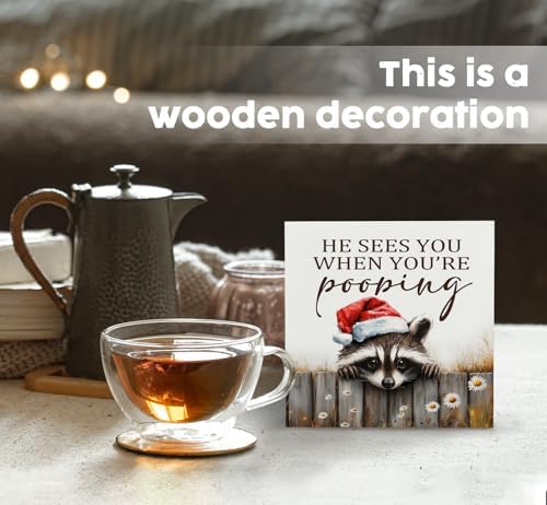Christmas Raccoon Home Bathroom Decor Sign - Farmhouse Western Christmas Animal Bathroom Decor,Rustic Farm Animal He Sees You When You're Pooping Signs,Raccoon Gifts for Women