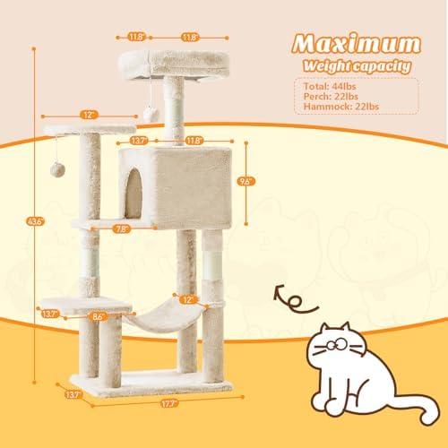 DUMOS Small 44 Inch Cat Tree Tower with Natural Sisal Scratching Posts