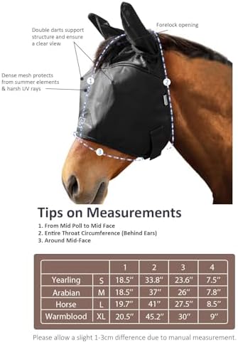 Harrison Howard UV-Proof Multi-Function Fabrics Thick Fleece Padding Horse Fly Mask Half Face with Ears Black Warmblood Extra Large