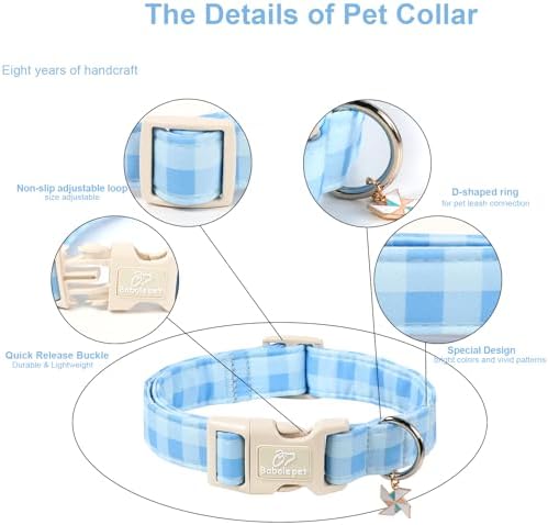 Boy Dog Collar Blue Gingham Dog Collars for Puppy Small Dogs - Lightweight Adjustable Spring/Summer Plaid Male Female Dogs Everyday Collar with Safety Buckle XS