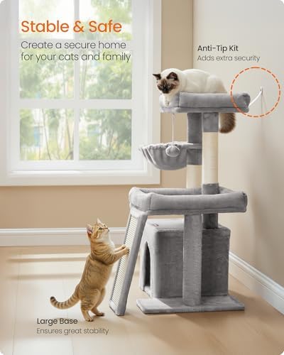 Feandrea Cat Tree, 33.8" Cat Tower, Scratching Posts and Ramp, Dove Gray