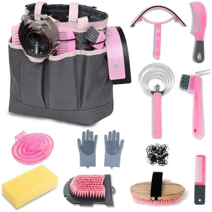 Horse Grooming Kit 13 Pack, Horse Brushes for Grooming Supplies Set with Tote Bag, Horse Tack Supplies with Gloves & Brush for Equine Care and Bathing (Pink)