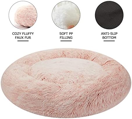Bedfolks Calming Fluffy Donut Dog Bed for Large Dogs,Pink, 36" Round