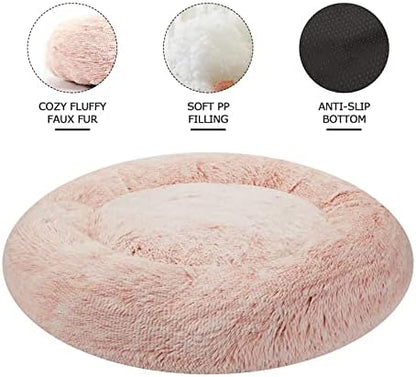 Bedfolks Calming Fluffy Donut Dog Bed for Large Dogs,Pink, 36" Round