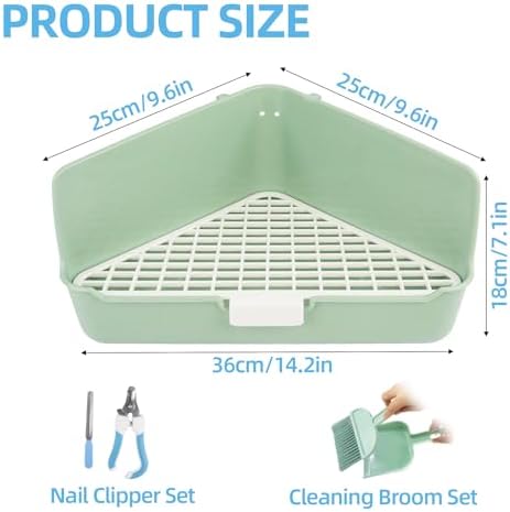 Large Rabbit Litter Box 10" x 10" x 7" with Broom & Grooming Kit, Low-Entry Corner Toilet Pan for Potty Training Rabbits Bunny Guinea Pigs Ferrets (Green)