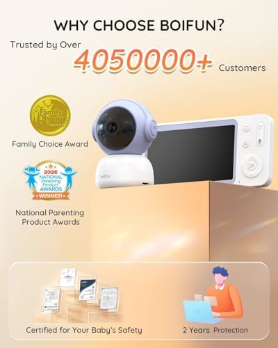 BOIFUN Wi-Fi Baby Monitor with Camera and Audio, Smartphone Compatible APP, 2K HD Night Vision with 5” Display, Auto Motion Tracking & Cry Detection, 2-Way Talk, Temp Sensor, Safe Encrypted