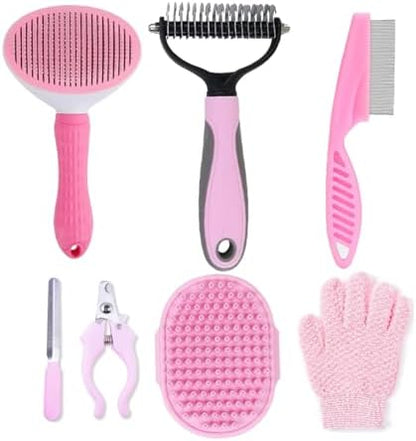 7 PCS Dog Brush Dog Grooming Kits,Dog Shedding Brush，Self-Cleaning Brush with Nail Clipper, Flea Comb and Shampoo Bath Brush